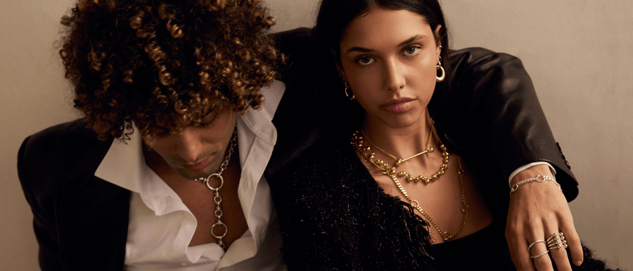 A couple in layered Annabel B jewellery