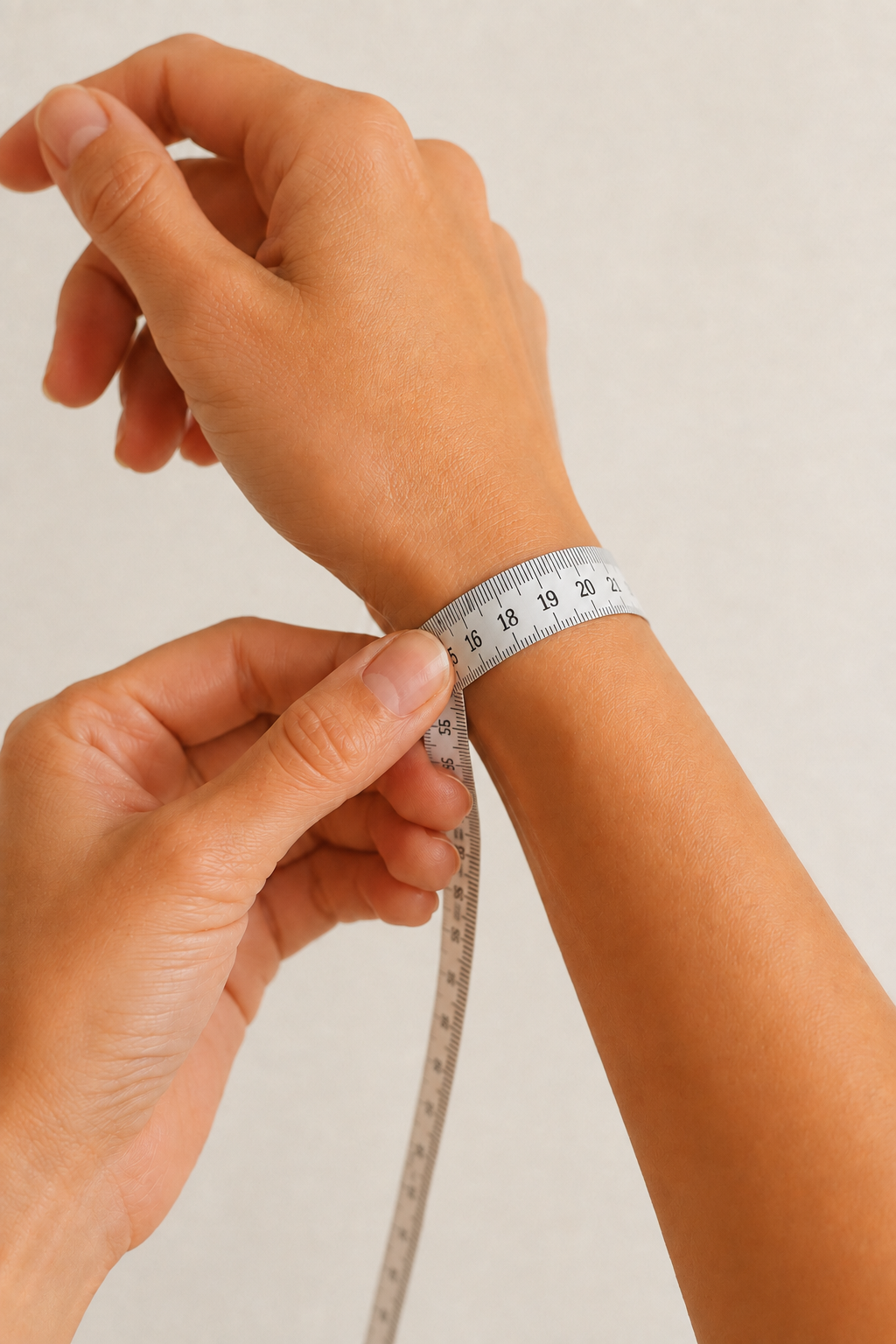 A numbered metric tape measure positioned around a model's wrist to demonstrate bracelet sizing